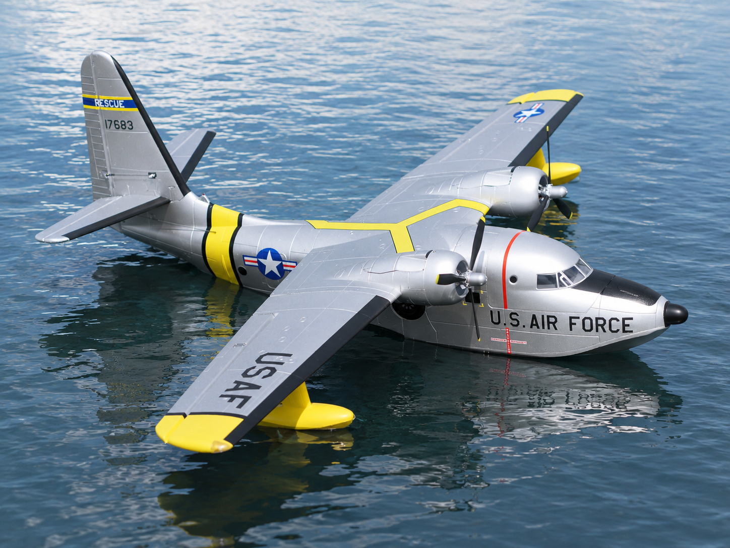 Avios Albatross HU-16 USAF Search and Rescue RC seaplane floating on water before takeoff