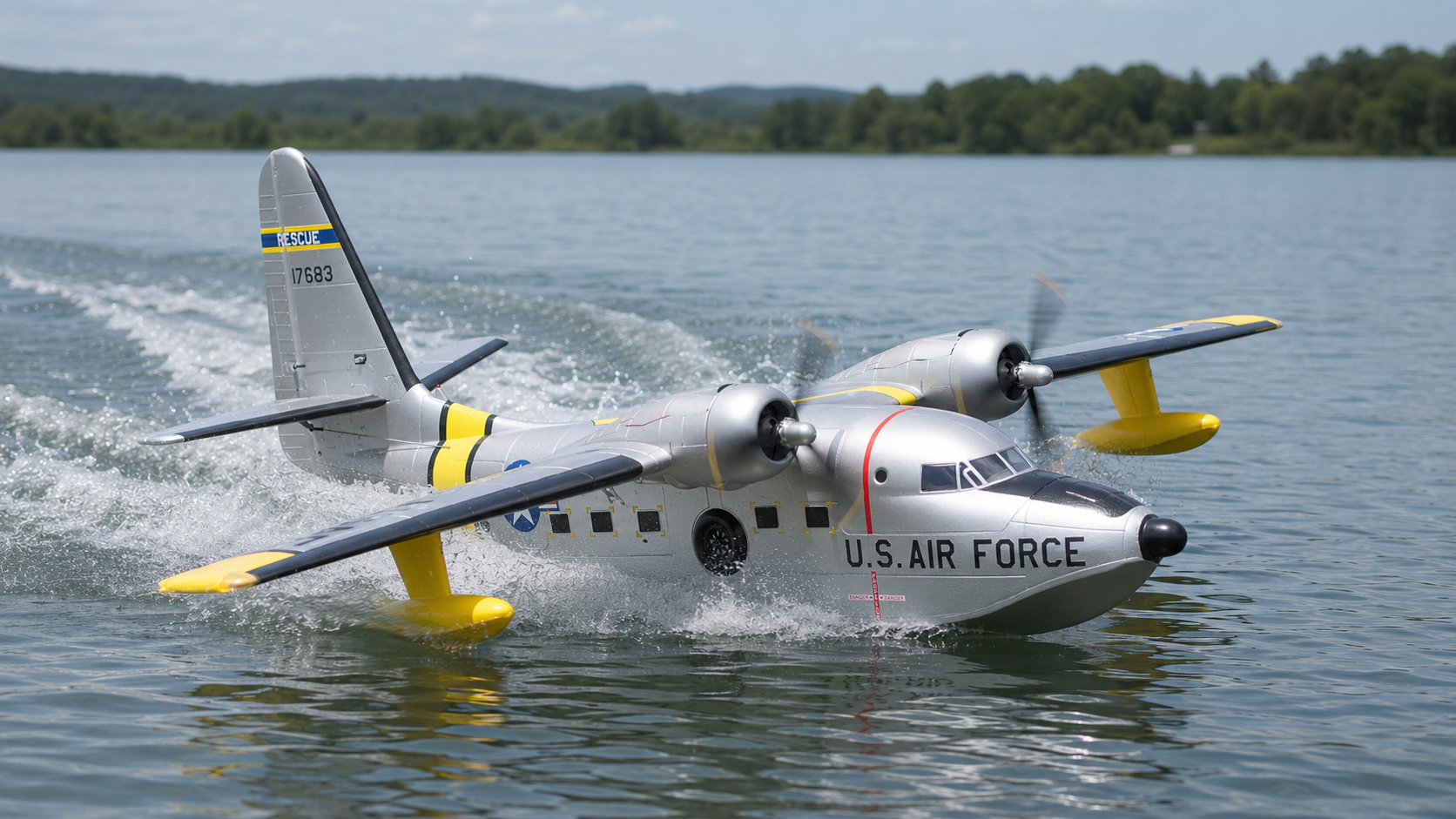 Avios Albatross HU-16 USAF Search and Rescue accelerating across the water during takeoff
