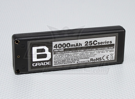 B-Grade 4000mAh 2S 25C Hard Case Lipoly Battery