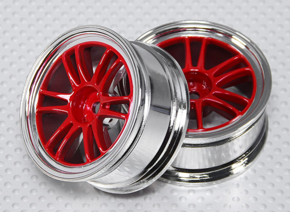 1:10 Scale Wheel Set (2pcs) Red/Chrome Split 6-Spoke RC Car 26mm (no offset)
