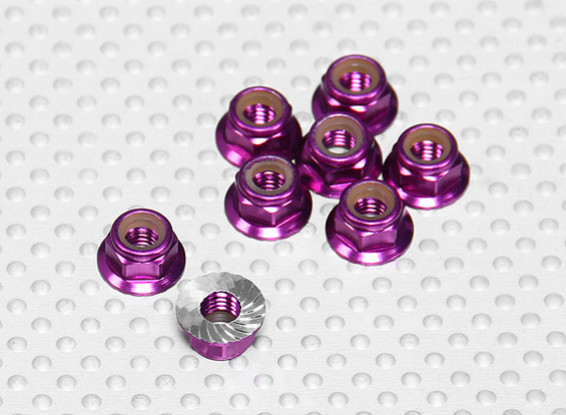Purple Anodised Aluminum M5 Nylock Wheel Nuts w/ Serrated Flange (8pcs)