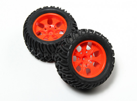 HobbyKing® 1/10 Monster Truck 7-Spoke Fluorescent Red Wheel & Chevron Pattern Tire (2pc)
