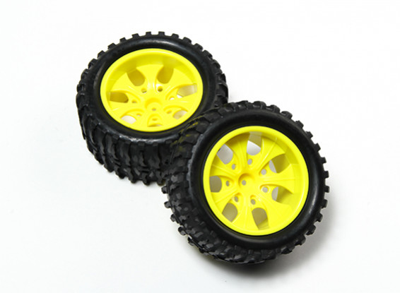 HobbyKing® 1/10 Monster Truck 7-Spoke Fluorescent Yellow Wheel & Wave Pattern Tire (2pc)