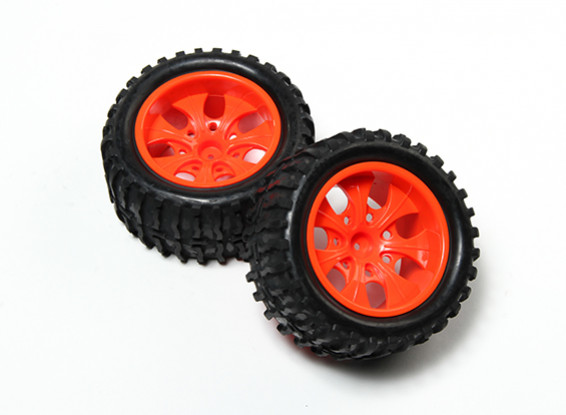 HobbyKing® 1/10 Monster Truck 7-Spoke Fluorescent Red Wheel & Wave Pattern Tire 12mm Hex (2pc)