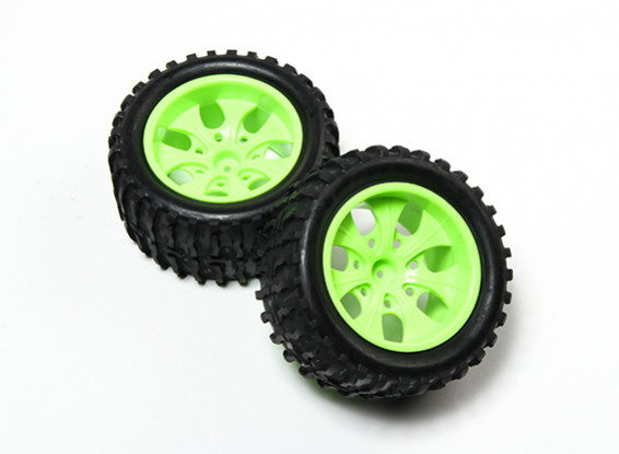 HobbyKing® 1/10 Monster Truck 7-Spoke Fluorescent Green Wheel & Wave Pattern Tire (2pc)