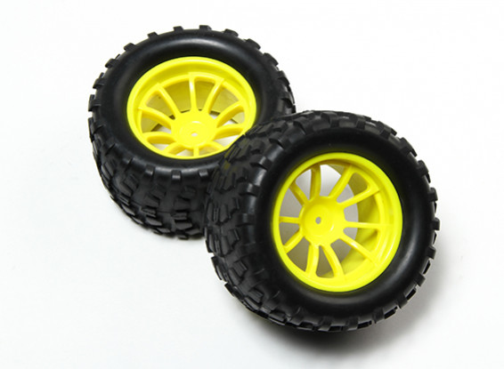 HobbyKing® 1/10 Monster Truck 10-Spoke Fluorescent Yellow Wheel & Block Pattern Tire (2pc)