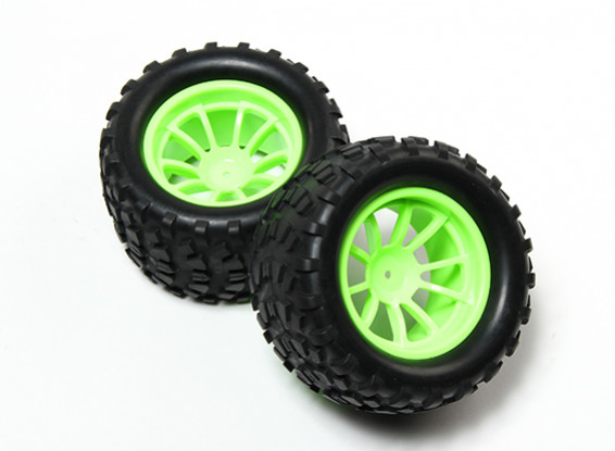 HobbyKing® 1/10 Monster Truck 10-Spoke Fluorescent Green Wheel & Block Pattern Tire (2pc)