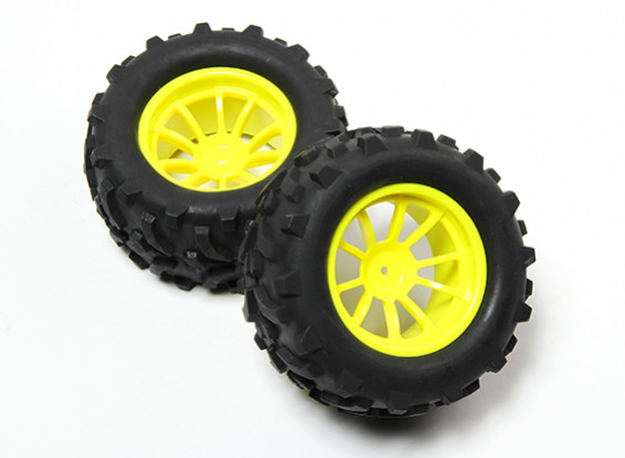HobbyKing® 1/10 Monster Truck 10-Spoke Fluorescent Yellow Wheel & Arrow Pattern Tire (2pc)