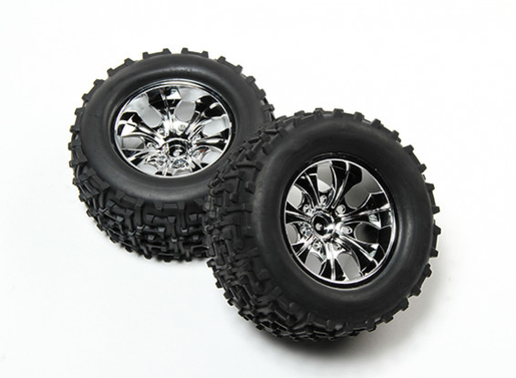 HobbyKing® 1/10 Monster Truck 7-Spoke Chrome Wheel & I-Pattern Tire 12mm Hex (2pc)