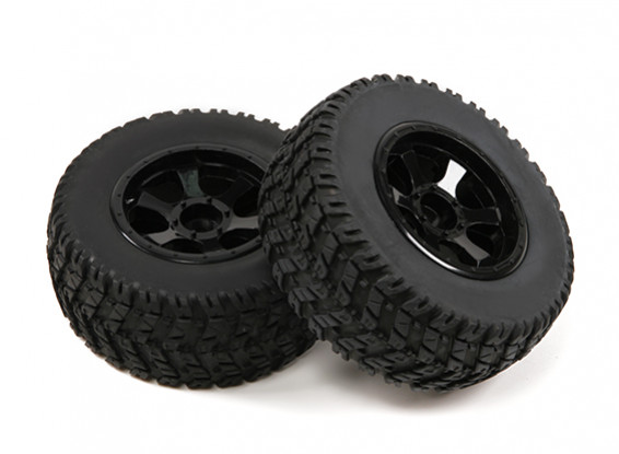 1/10th Scale 6 Spoke Black Short Course Truck Wheels & Tyres (2pc)
