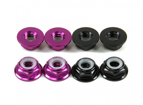 Aluminum Flange Low Profile Nyloc Nut M5 (4 Black CW & 4 Purple CCW)