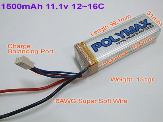 Polymax 1500mAh 11.1v 12~16C Li-Po Pack
