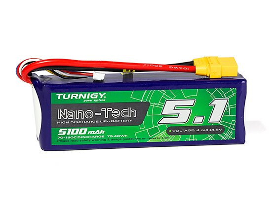 Turnigy Nano-Tech Plus Lipo 5100mAh 4S 14.8V 70C Con Connettore XT90 Per Modellismo