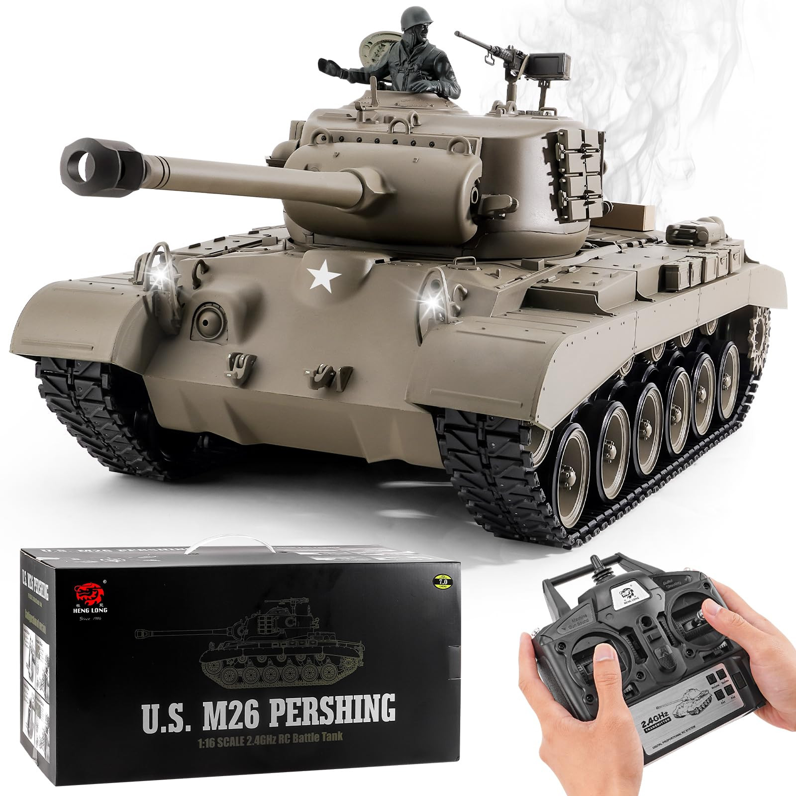 Heng Long 3838 RTR 1 16th Scale US Pershing M26 RC Tank w Sound LED Lights Smoke Firing Gun Sand hobbyking