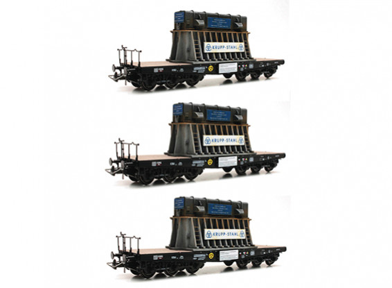 Roco/Fleischmann HO Scale Heavy Duty Flat Wagons with Krupp Stahl Load DB (3 car set)