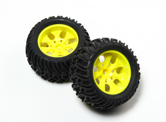 HobbyKing® 1/10 Monster Truck 7-Spoke Wheel Yellow & Chevron Pattern Tire 12mm Hex (2pc)