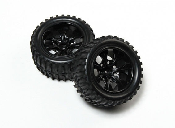 HobbyKing® 1/10 Monster Truck 7-Spoke Wheel Black & Wave patroon Tire 12mm Hex (2pc)