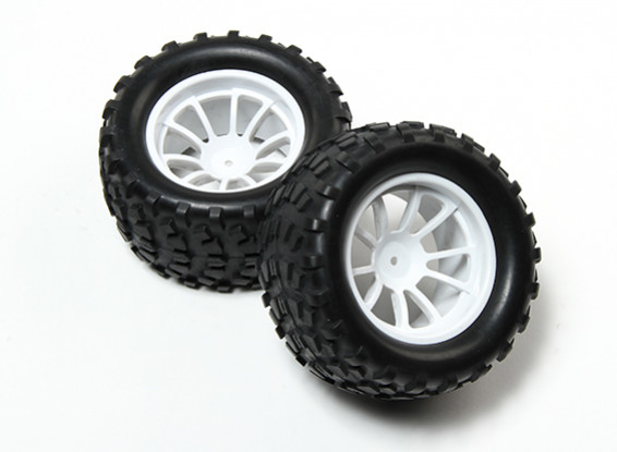 HobbyKing® 1/10 Monster Truck 10-Spoke White Wheel & Block Pattern Tire 12mm Hex (2pc)