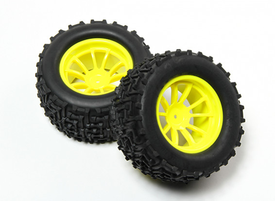 HobbyKing® 1/10 Monster Truck 10-Spoke Fluorescent Yellow Wheel & I-Pattern Tire 12mm Hex (2pc)