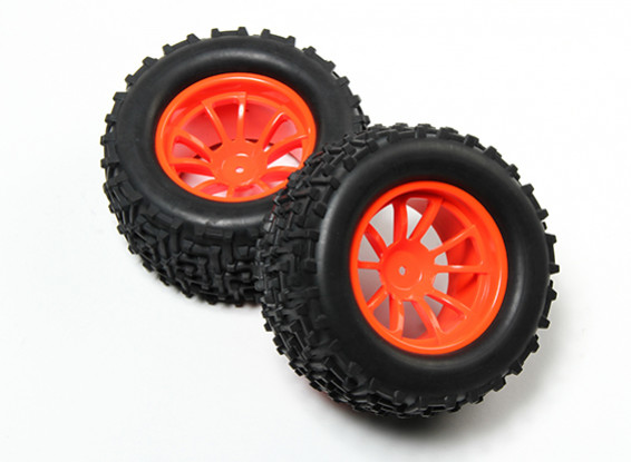 HobbyKing® 1/10 Monster Truck 10-Spoke Fluorescent Orange Wheel & I-Pattern Tire 12mm Hex (2pc)