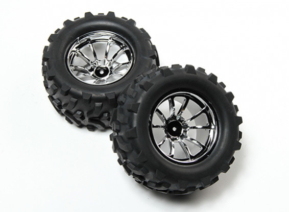 HobbyKing® 1/10 Monster Truck 10-Spoke Chrome Wheel & Arrow Pattern Tire 12mm Hex (2pc)