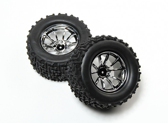 HobbyKing® 1/10 Monster Truck 10-Spoke Chrome Wheel & I-Pattern Tire 12mm Hex (2pc)