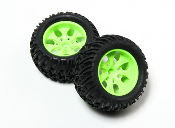 HobbyKing® 1/10 Monster Truck 7-Spoke Green Fluorescent Wheel & Chevron Motif Tire (2pc)