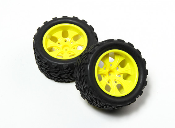 HobbyKing® 1/10 Monster Truck 7 Spoke Fluorescent Jaune Roue & Tree Motif Tire (2pc)