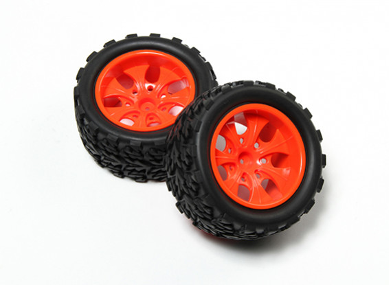 HobbyKing® 1/10 Monster Truck 7-Spoke Fluorescent Red Wheel & Tree 12mm Motif Tire Hex (2pc)