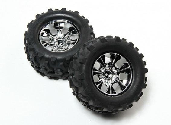 HobbyKing® 1/10 Monster Truck 7-Spoke Chrome Wheel & Flèche 12mm Motif Tire Hex (2pc)