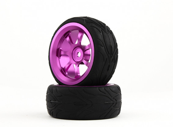 HobbyKing 1/10 aluminium à 7 rayons 12mm Wheel Hex (Violet) / Fire 26mm Tire (2pcs / sac)