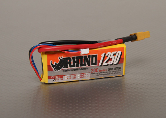 Rhino 1250mAh 2S 7.4v 20C Lipoly Paquet