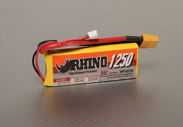 Rhino 1250mAh 2S 7.4v 30C Lipoly Paquet