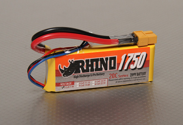 Rhino 1750mAh 2S 7.4v 20C Lipoly Paquet