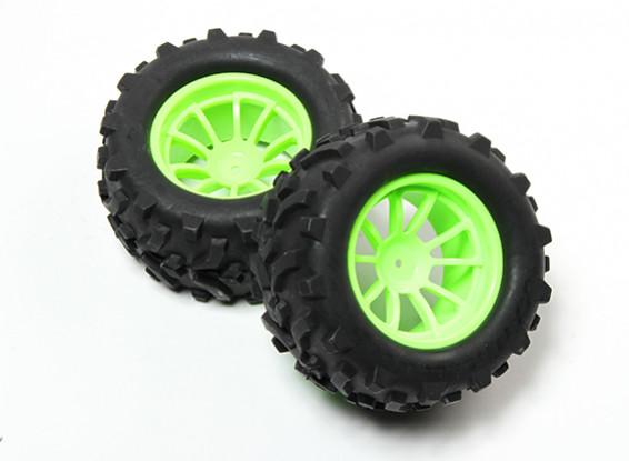 HobbyKing® 1/10 Monster Truck 10 radios de la rueda y de la flecha verde fluorescente del patrón del neumático (2 piezas)