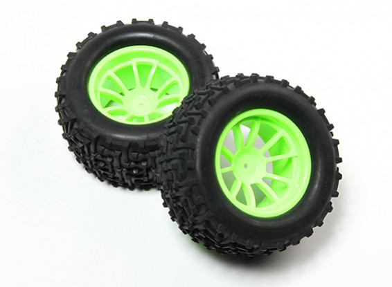 HobbyKing® 1/10 Monster Truck 10 radios de la rueda fluorescente verde y I-patrón del neumático de 12 mm Hex (2 piezas)