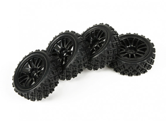 HobbyKing 1/10 gemelo y 7 rayos de la rueda Negro w / pre-encolada Neumáticos de la reunión SET (4pcs)