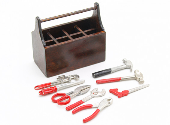 Escala 1/10 caja de herramientas de madera con herramientas
