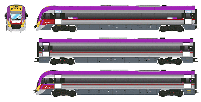 Southern Rail HO Scale VLocity VL45 V-Line DMU Rail Car Set DCC and Sound Ready (Red/Purple)