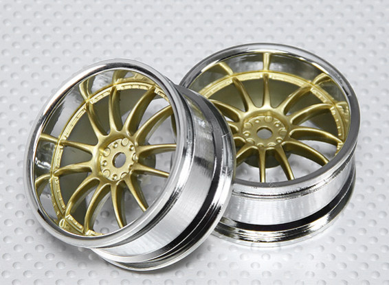 Масштаб 1:10 Набор колес (2шт) хром / золото Split 6-спицевые RC автомобилей 26мм (3 мм Смещение)