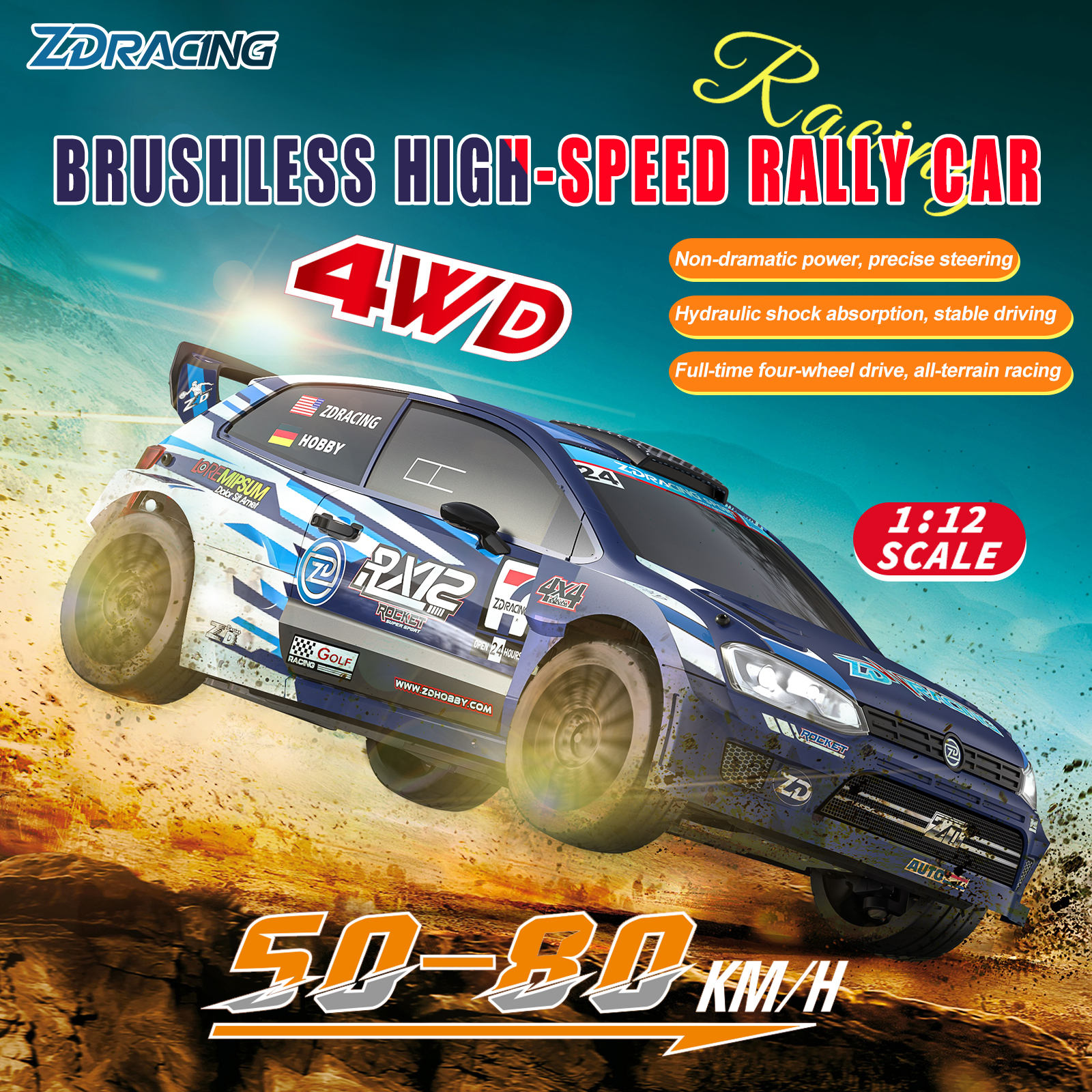 ZD Racing RX-12 1/12 Scale RC Rally 4WD Brushless RTR , Red